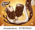 chocolate milk ice bar with flowing liquid and peanut elements, orange background in 3d illustration