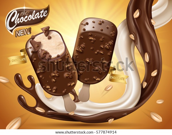 chocolate milk ice bar with\
flowing liquid and peanut elements, orange background in 3d\
illustration