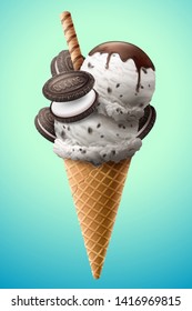 Chocolate Milk Ice Cream Cone With Sandwich Cookie And Waffle Roll In 3d Illustration