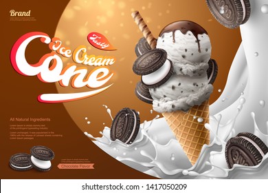 Chocolate milk ice cream cone ads with sandwich cookie and splashing milk in 3d illustration with waffle roll