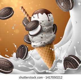 Chocolate milk ice cream cone ads with sandwich cookie and splashing milk in 3d illustration with waffle roll