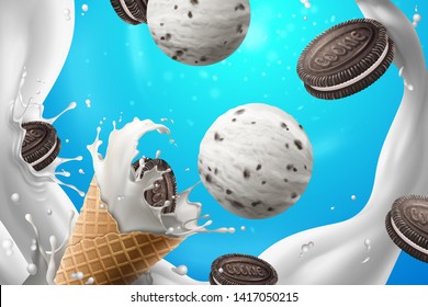 Chocolate milk ice cream cone ads with sandwich cookie and splashing milk in 3d illustration