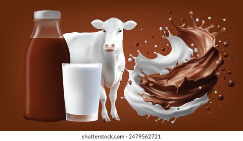 Leche de chocolate aislada en el fondo. Leche de cacao de vaca, Vector 3d , Malla degradada