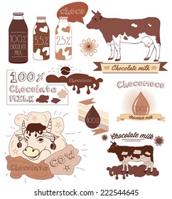 Chocolate milk label set. Cow vector illustration.