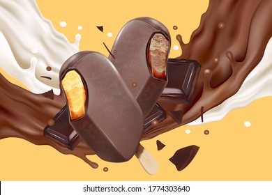 Chocolate and Milk liquid splashing with chocolate popsicle in the middle isolated on white background. Vector realistic in 3d illustration.