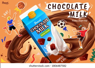 Paquete de leche de chocolate con salpicadura marrón realista e ilustración de atleta plana, concepto de combustible deportivo, ilustración 3d