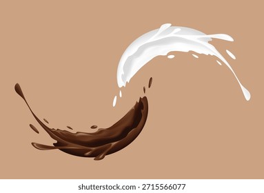 Salpicaduras realistas de chocolate y leche. Vector