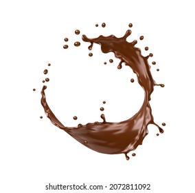 Chocolate milk round swirl splash with splatters, vector realistic coffee or cocoa dessert drops. Chocolate or coco drink round wave whirl with liquid flow wave of brown cacao or milkshake syrup