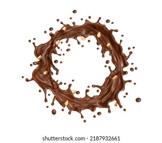 Tirador redondo de leche de chocolate o batido con cacahuetes triturados. Verter chocolate caliente fundido con gotitas de torbellino en círculo de nueces. Bebé de cacao o postre de chocolate líquido salpicado de vectores realistas