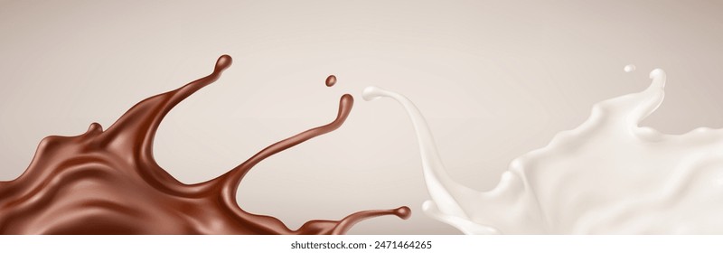 Chocolate and milk splash background. Milk and melted brown choco. Realistic vector illustration