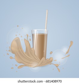 Chocolate milk splash with glass. Vector illustration.