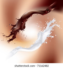 Chocolate and milk splash isolated on swirl background. Vector illustration.