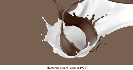Chocolate and milk splash swirl - creamy white liquid and dark brown cocoa streams colliding and twisting together. Abstract dairy product and choco confectionery mixing. 3d delicious dessert.