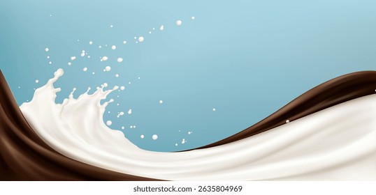 Chocolate with milk splash wave, liquid swirl with drops on blue background. Brown and white dairy product flow, creamy cocoa drink. Food advertising or packaging design element. 3d sweet beverage.