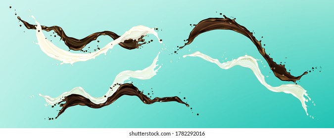 Chocolate and milk splashes, liquid cocoa and cream flow, coffee, yogurt or dairy drink product with white and brown spray droplets, dynamic motion on blue background. Realistic 3d vector Illustration