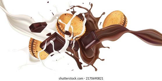 Chocolate and Milk splashing in the middle with chocolate cookies isolated on white background, Vector realistic in 3d illustration.