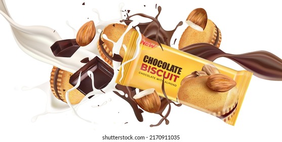 Chocolate and Milk splashing in the middle with chocolate cookies isolated on white background, Vector realistic in 3d illustration. Packaging Mock up.