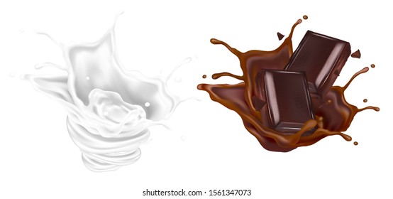 Chocolate and Milk splashing in the middle isolated on white background, Vector realistic in 3d illustration. Food concept.