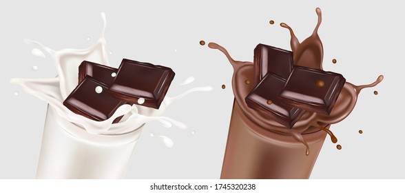 Chocolate and Milk splashing in the middle on glass isolated on solid color background, Vector realistic in 3d illustration. Food concept.