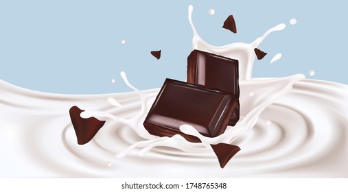Chocolate with milk splashing in the middle on solid color background, Vector realistic in 3d illustration.