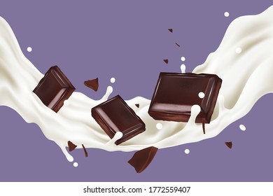 Chocolate with milk splashing in the middle on solid color background, Vector realistic in 3d illustration. Food concept.
