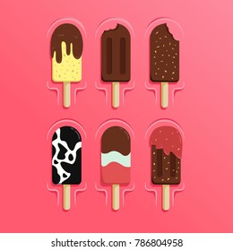 Chocolate milk, strawberry milk, and hazelnut ice cream stick popsicle vector collection