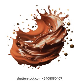 Chocolate milk twister, whirlwind or tornado realistic splash. Coffee and cocoa vector brown swirl, stream, liquid splashing with droplets isolated on white background.