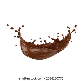Chocolate or milk wave swirl splash with splatters. Cacao drink, melted hot chocolate or coffee 3d vector spill drops. Sweet cocoa dessert beverage, shake or cocktail splash with droplets