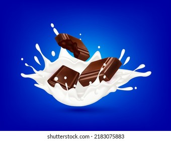 Chocolate milk yogurt splashing isolated on blue background. Health concept. Realistic 3d vector illustration. Can used for product design advertising beverage and food products.