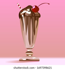 Chocolate milkshake with cherry on the top on the pink background.  Vector illustration