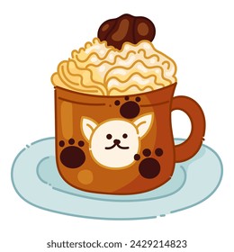 Chocolate milkshake with cocoa topping and whipped cream vector. Ice coffee drink with chocolate icing. Mug of milkshake isolated on a white background. Delicious chocolate sundae icon.