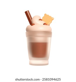 Chocolate milkshake or coffee with whipped cream, biscuit, and straw. 3D icon isolated. Dessert and beverage concept.