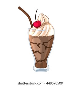 Chocolate milkshake in a glass beaker. Isolated object on a white background. Vector illustration.