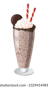 Chocolate milkshake in a glass cup with whipped cream decorated with chocolate cookie