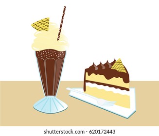Chocolate milkshake in a glass with chocolate sponge cake