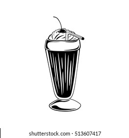 Chocolate milkshake in tall glass isolated on white background. Vector Illustration