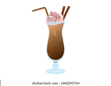 Chocolate Milkshake vector. Glass of milkshake icon. Coffee milkshake with cocoa topping and whipped cream. Shake isolated on a white background