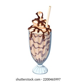 Chocolate milkshake vector illustration. Cartoon isolated iced coffee drink with choco sauce topping, whipped creamy milk or soft brown ice cream and drinking straw in glass, dairy sweet food