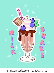 Chocolate milkshake with whipped cream, wafer, straw and blueberries. Cartoon vector illustration