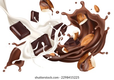 Chocolate and milky liquid splashing in the middle on white background. Realistic vector in 3D illustration.