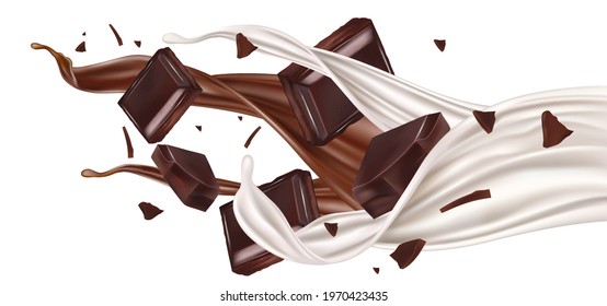 Chocolate and Milky splashing in the middle isolated on white background, Vector realistic in 3d illustration.