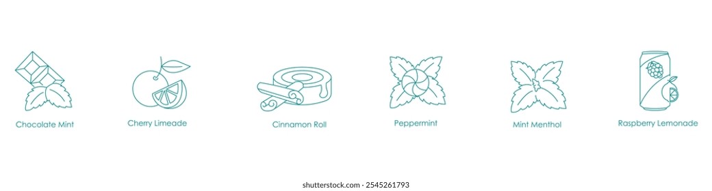 Chocolate Mint, Cherry Limeade, Cinnamon Roll, Peppermint, Mint Menthol, Raspberry Lemonade Vape Icon Set Design