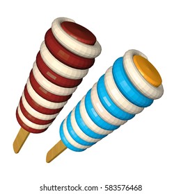 Chocolate and MInt Flavored Twisted Ice Creams Isolated on White Background. Brown and Blue Colored Popsicles on Wooden Stick in Perspective. 3d Realistic Vector Illustration.