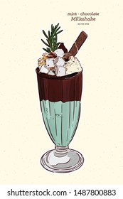 Chocolate - mint milkshake, hand draw sketch vector.