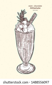 Chocolate - mint milkshake, hand draw sketch vector.