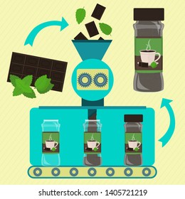 Chocolate with mint powder line series production. Factory of canned sweet powder. Chocolate bar and mint leaf being processed. Packing powder. Cup printed on the packing.