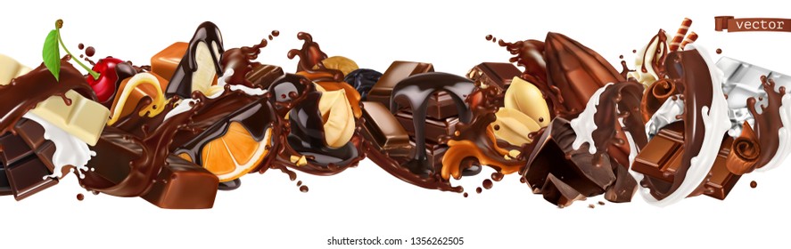 Chocolate mix. Splashes with fruits, nuts, caramel and milk chocolate. 3d vector realistic set