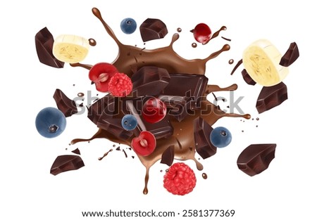 Chocolate and Mixed berry splashing in the middle isolated on white background, Vector realistic in 3d illustration. Food concept.