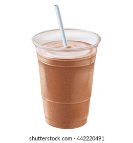 A Chocolate Or Mocha Milk Shake Or Smoothie Inside A Clear Plastic Container Covered With Beads Of Cold Condensation Standing Straight Up & Down