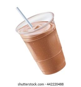 A chocolate or mocha milk shake/smoothie, in a plastic glass with a white straw,  tilting to the left
